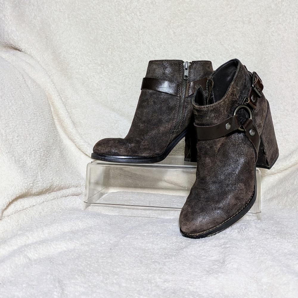 Women's ASH Falcon Dark Brown Suede Heeled Booties | Size 38 (7.5)